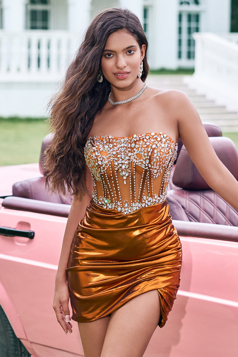Wedtrend Women Glitter Copper Tight Metallic Homecoming Dress with Beading Strapless Corset Pleated Short Prom Party Dress WEDTREND Wedtrend Women Glitter Copper Tight Metallic Homecoming Dress with Beading Strapless Corset Pleated Short Prom Party Dress WEDTREND