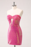 Sparkly Fuchsia Bodycon Strapless Hollow Out Sequins Short Homecoming Dress with Slit