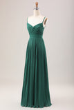 Dark Green A-Line Spaghetti Straps Pleated Chiffon Long Bridesmaid Dress