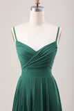 Dark Green A-Line Spaghetti Straps Pleated Chiffon Long Bridesmaid Dress