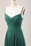 Dark Green A-Line Spaghetti Straps Pleated Chiffon Long Bridesmaid Dress