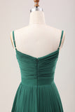 Dark Green A-Line Spaghetti Straps Pleated Chiffon Long Bridesmaid Dress