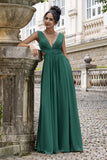 Dark Green A Line V Neck Pleated Chiffon Long Bridesmaid Dress with Lace Up Back