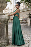 Dark Green A Line V Neck Pleated Chiffon Long Bridesmaid Dress with Lace Up Back