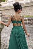 Dark Green A Line V Neck Pleated Chiffon Long Bridesmaid Dress with Lace Up Back