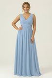 Dusty Blue A Line V Neck Chiffon Long Plus Size Bridesmaid Dress