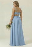 Dusty Blue A Line V Neck Chiffon Long Plus Size Bridesmaid Dress