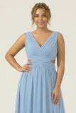 Dusty Blue A Line V Neck Chiffon Long Plus Size Bridesmaid Dress