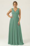 Dusty Blue A Line V Neck Chiffon Long Plus Size Bridesmaid Dress