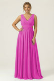 Dusty Blue A Line V Neck Chiffon Long Plus Size Bridesmaid Dress