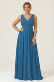 Dusty Blue A Line V Neck Chiffon Long Plus Size Bridesmaid Dress