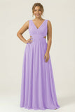 Dusty Blue A Line V Neck Chiffon Long Plus Size Bridesmaid Dress