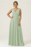 Dusty Blue A Line V Neck Chiffon Long Plus Size Bridesmaid Dress