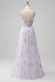 Lavender Flower A-Line Spaghetti Straps Print Pleated Long Maxi Dress