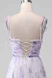 Lavender Flower A-Line Spaghetti Straps Print Pleated Long Maxi Dress