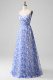 Blue A-Line Spaghetti Straps Floral Print Pleated Maxi Dress