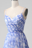 Blue A-Line Spaghetti Straps Floral Print Pleated Maxi Dress