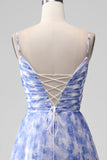 Blue A-Line Spaghetti Straps Floral Print Pleated Maxi Dress