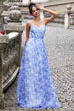 Blue A-Line Spaghetti Straps Floral Print Pleated Maxi Dress