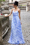 Blue A Line Spaghetti Straps Floral Print Pleated Maxi Dress with Lace Up Back