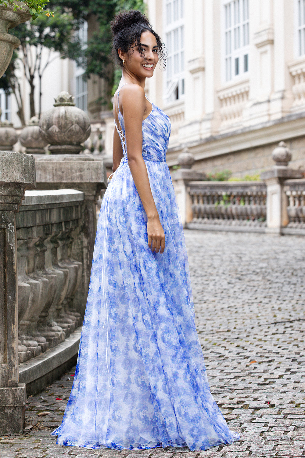 Wedtrend Women Blue Bridesmaid Dress with Lace Up Back A Line Spaghetti Straps Floral Print Pleated Prom Dress WEDTREND Wedtrend Women Blue Bridesmaid Dress with Lace Up Back A Line Spaghetti Straps Floral Print Pleated Prom Dress WEDTREND