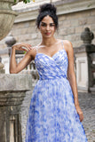 Blue A Line Spaghetti Straps Floral Print Pleated Maxi Dress with Lace Up Back