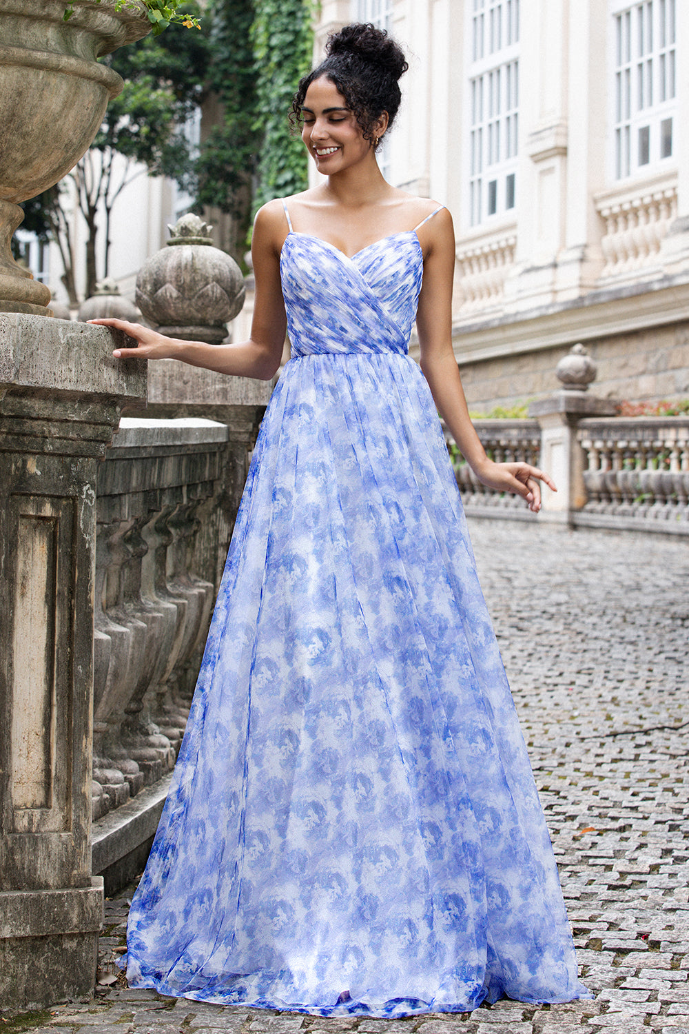 Wedtrend Women Blue Prom Dress with Lace Up Back A Line Spaghetti Straps Floral Print Pleated Wedding Party Dress, Blue Flower / US16 Wedtrend Women Blue Prom Dress with Lace Up Back A Line Spaghetti Straps Floral Print Pleated Wedding Party Dress, Blue Flower / US16