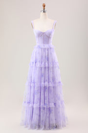 Lavender A Line Spaghetti Straps Print Tiered Corset Long Wedding Party Dress