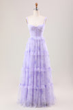 Lavender A Line Spaghetti Straps Print Tiered Corset Long Wedding Party Dress