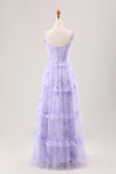 Lavender A Line Spaghetti Straps Print Tiered Corset Long Wedding Party Dress