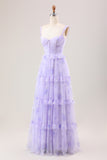 Lavender A Line Spaghetti Straps Print Tiered Corset Long Wedding Party Dress
