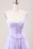 Lavender A Line Spaghetti Straps Print Tiered Corset Long Wedding Party Dress