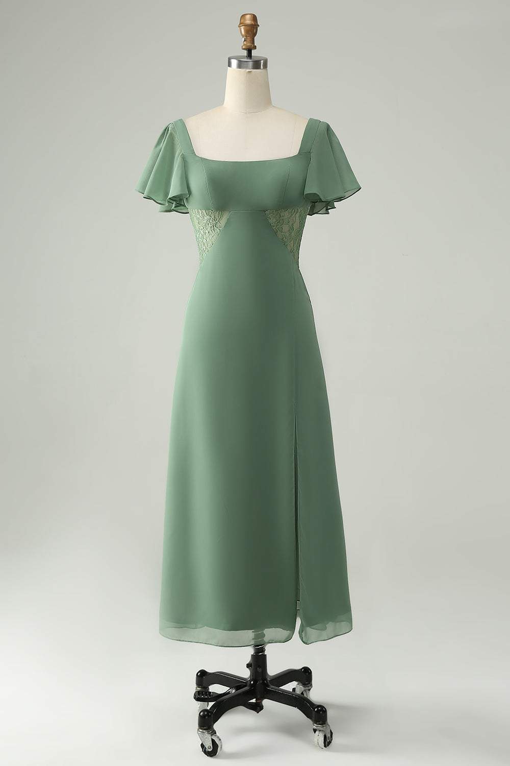 chiffon tea length straight neckline wedding dress Tea Length Wedding Dress with Sleeves and Square Neckline