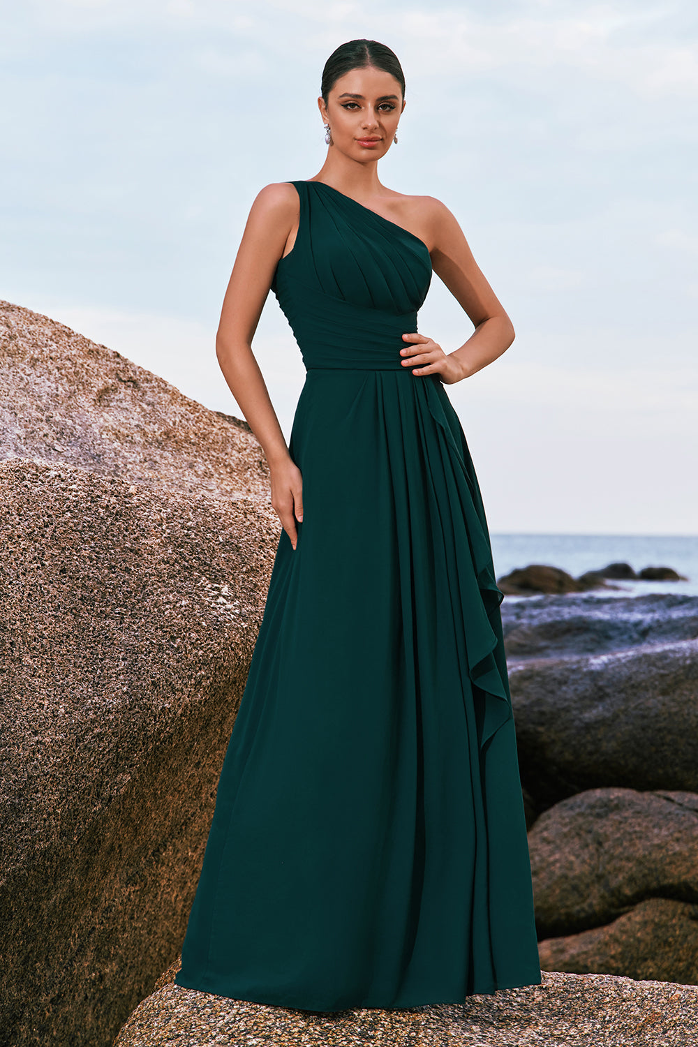 Wedtrend Women Dark Green Bridesmaid Dress A Line One Shoulder Chiffon Pleated Long Wedding Guest Dress WEDTREND Wedtrend Women Dark Green Bridesmaid Dress A Line One Shoulder Chiffon Pleated Long Wedding Guest Dress WEDTREND