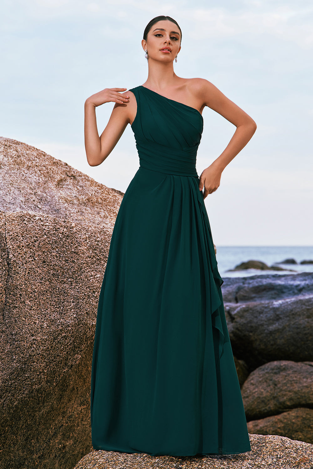 Wedtrend Women Dark Green Bridesmaid Dress A Line One Shoulder Chiffon Pleated Long Wedding Guest Dress WEDTREND Wedtrend Women Dark Green Bridesmaid Dress A Line One Shoulder Chiffon Pleated Long Wedding Guest Dress WEDTREND