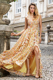 Yellow Small Flower A Line V Neck Cut Out Pleated Maxi Dress with Ruffles