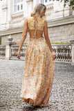Yellow Small Flower A Line V Neck Cut Out Pleated Maxi Dress with Ruffles