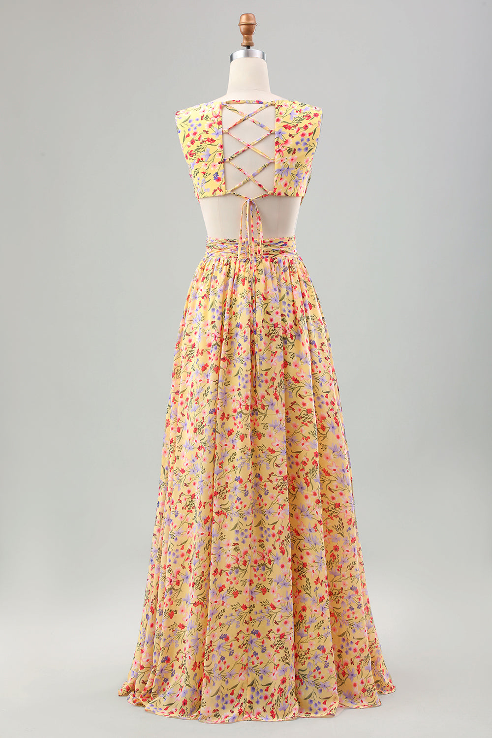 Wedtrend Women Yellow Flower Maxi Dress V Neck Pleated Ruffles A Line Bridesmaid Dress with Slit WEDTREND Wedtrend Women Yellow Flower Maxi Dress V Neck Pleated Ruffles A Line Bridesmaid Dress with Slit WEDTREND