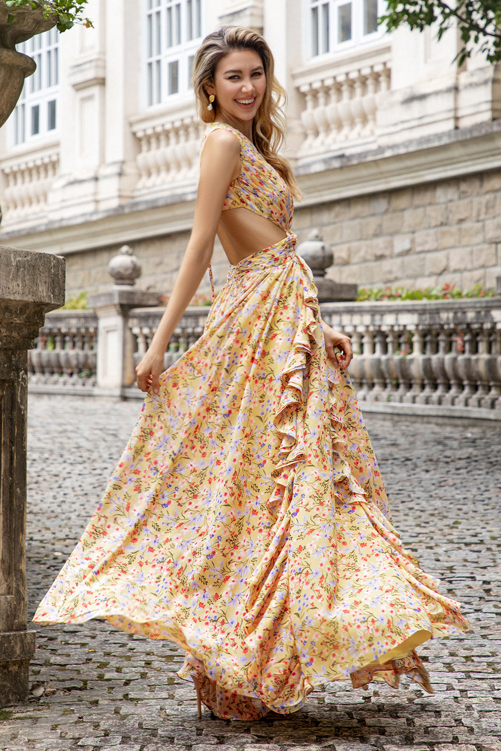 Wedtrend Women Yellow Small Flower Maxi Dress with Ruffles A Line V Neck Cut Out Pleated Wedding Party Dress, Yellow Small Flower / US8 Wedtrend Women Yellow Small Flower Maxi Dress with Ruffles A Line V Neck Cut Out Pleated Wedding Party Dress, Yellow Small Flower / US8