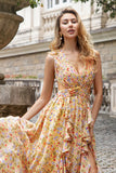Yellow Small Flower A Line V Neck Cut Out Pleated Maxi Dress with Ruffles