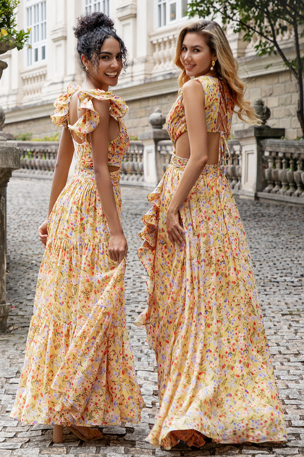 Wedtrend Women Yellow Small Flower Maxi Dress with Ruffles A Line V Neck Cut Out Pleated Wedding Party Dress WEDTREND Wedtrend Women Yellow Small Flower Maxi Dress with Ruffles A Line V Neck Cut Out Pleated Wedding Party Dress WEDTREND