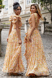 Yellow Small Flower A Line V Neck Cut Out Pleated Maxi Dress with Ruffles