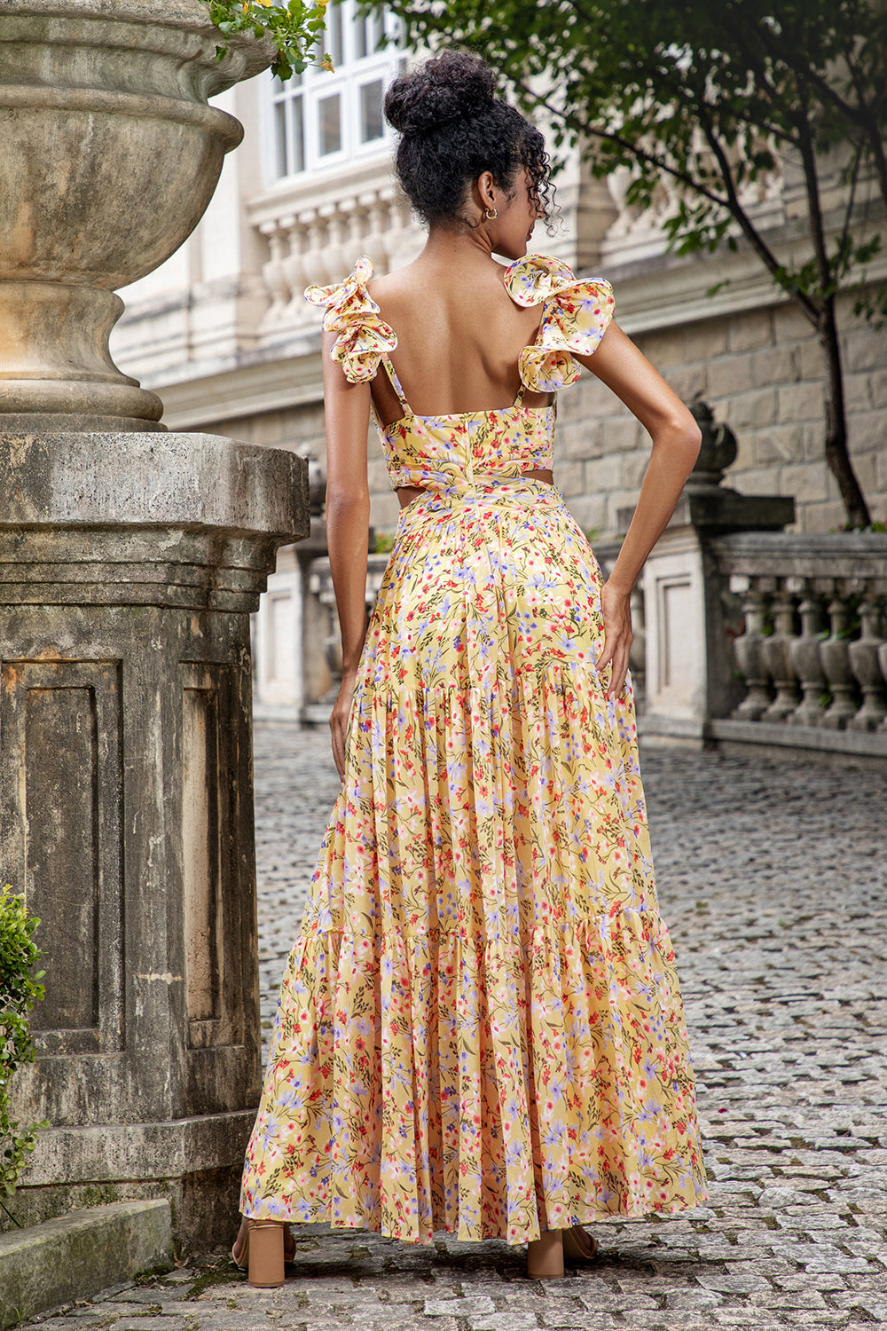 Wedtrend Women Yellow Small Flower Bridesmaid Dress with Slit A Line V Neck Print Pleated Wedding Party Dress, Yellow Small Flower / US14 Wedtrend Women Yellow Small Flower Bridesmaid Dress with Slit A Line V Neck Print Pleated Wedding Party Dress, Yellow Small Flower / US14