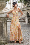 Yellow Small Flower A Line V Neck Print Pleated Bridesmaid Dress with Slit