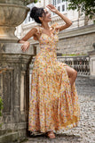 Yellow Small Flower A Line V Neck Print Pleated Bridesmaid Dress with Slit