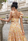 Yellow Small Flower A Line V Neck Print Pleated Bridesmaid Dress with Slit
