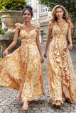 Yellow Small Flower A Line V Neck Print Pleated Bridesmaid Dress with Slit