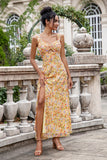 Yellow Flower A Line Square Neck Pleated Hollow Out Bridesmaid Dress With Slit