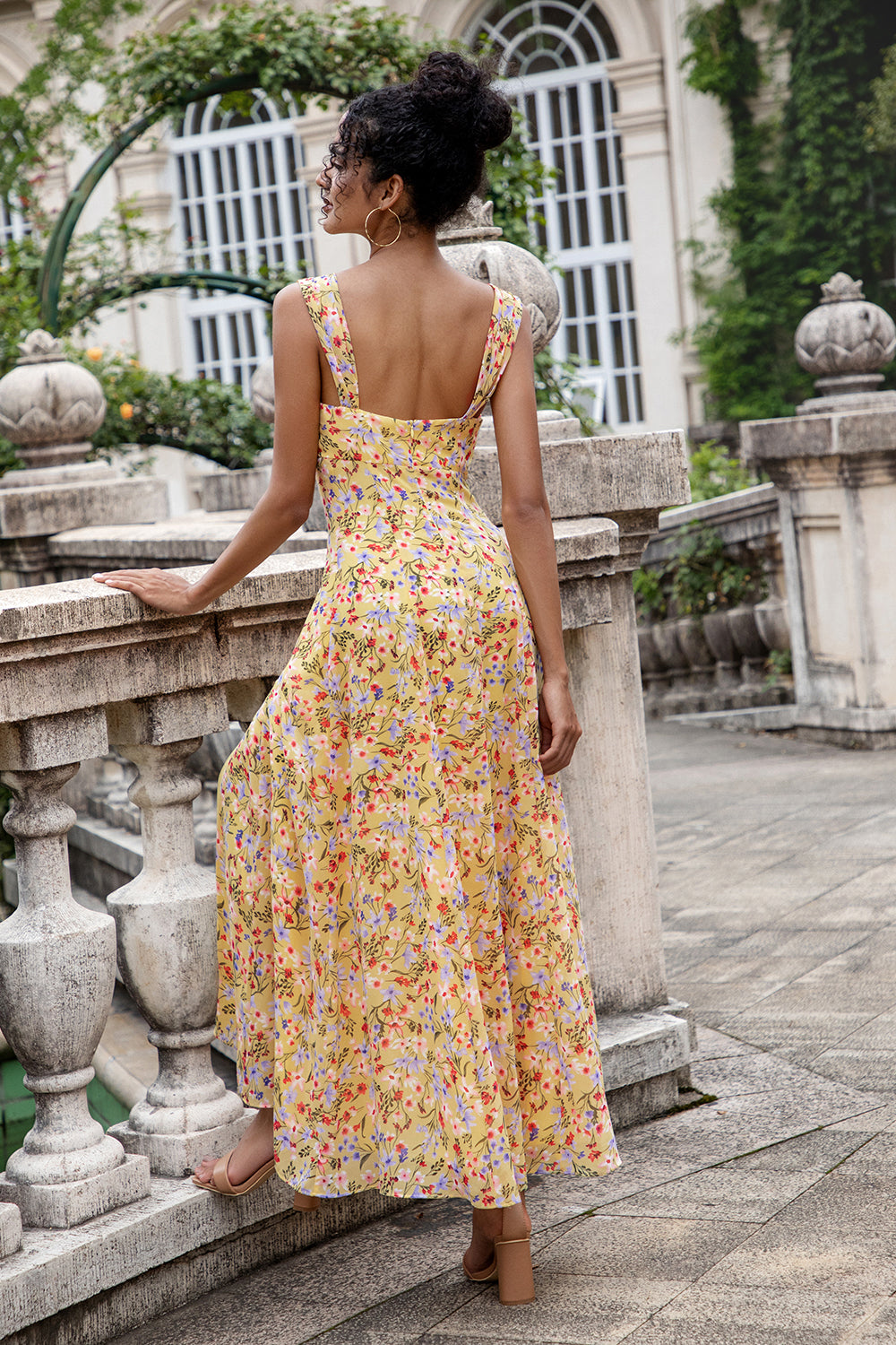 WEDTREND Women Yellow Flower Wedding Guest Dress A Line Square Neck Pleated Hollow Out Chiffon Dress With Slit WEDTREND Women Yellow Flower Wedding Guest Dress A Line Square Neck Pleated Hollow Out Chiffon Dress With Slit