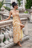 Yellow Flower A Line Square Neck Pleated Hollow Out Bridesmaid Dress With Slit